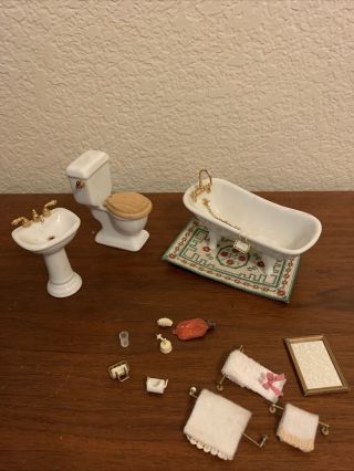 3 Pc Vintage Dollhouse Miniature Furniture Bathroom Tub Sink Toilet And