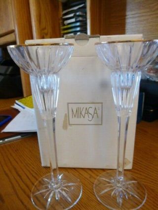 Pair Mikasa Crystal Candlesticks Tiara Gold Rim Candle Holder 8.  75 " & Tags