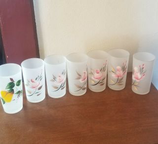 Vintage Hand Painted Roses Frosted Water Glasses 8 Oz.  Tumblers Set Of 7