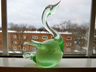 Vintage Mid Century Murano Art Glass Green To Clear Swan Figurine Gold Flakes