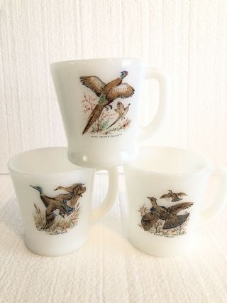 3 Vintage Fire King Game Bird Hunt Coffee Mugs Grouse Duck Pheasant Milk Glass
