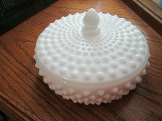 Vintage Round White Milk Glass Hobnail Covered Candy Dish Bowl Lid 6 "