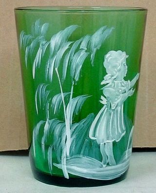 Vintage Mary Gregory Style Green Glass Beaker Tumbler With Child