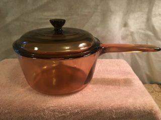 Vintage Corning Ware Vision 1.  5l Amber Glass Pan With Lid