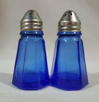Hazel Atlas Small Octagonal Cobalt Blue Salt Pepper Shakers Stainless Steel Tops