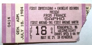 Sapho France Cachelot Ticket Stub First Avenue Minneapolis July 28th 1984
