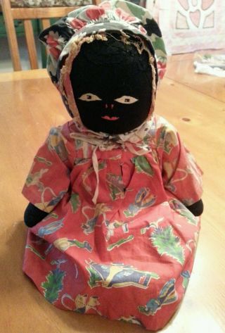 Vintage Black Cloth Folk Art Doll 9 " Seated.