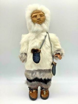Vintage Anac Inuit Alaskan Eskimo Doll Real Fur Leather Hand Wood Face 14 "