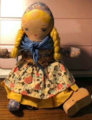 Vintage Dutch Rag Doll With Wooden Shoe Antique Vintage Cloth Doll 1950 