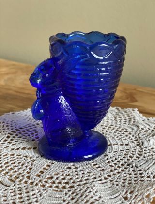 Vintage Cobalt Blue Glass Bunny Rabbit Easter Basket Toothpick Egg Cup Holder