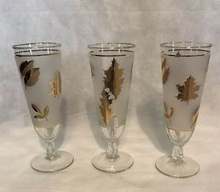 Vintage Mid - Century Modern Libbey Frosted Gold Leaf Set Of 3 Pilsner Glasses
