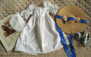 American Girl Felicity Summer Outfit Gown Lace Cap,  Straw Hat Slippers & Book