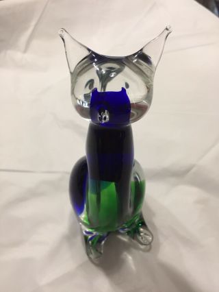 Murano Italy Blue & Green Hand Blown Glass Sitting Cat Figurine Labeled 6 " High