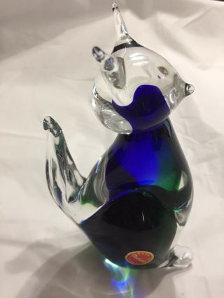 Murano Italy Blue & Green Hand Blown Glass Sitting Cat Figurine labeled 6 