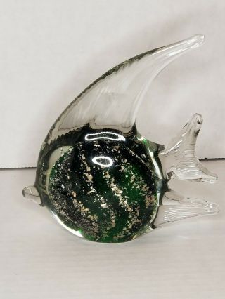 Art Glass Hand Blown Angel Fish Green With Gold Clear Paperweight Murano Style