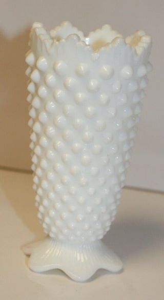 Vintage Fenton Milk Glass Hobnail Ruffled Vase,  Cone/trumpet Shape - 5 " Tall - White