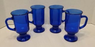 4 Vintage Cobalt Blue Anchor Hocking Pedestal Footed Irish Coffee Mugs Cups