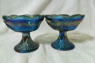 Vintage Indiana Glass Blue Carnival Glass Pair Candle Stick Holder Harvest Grape