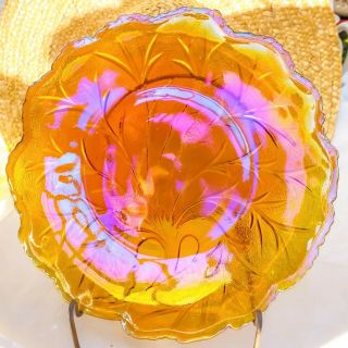 Vintage Amber Indiana Sparkle Carnival Glass Pebble Leaf Tree Of Life 10 " Usa