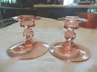 Cambridge Decagon Pink Candlesticks Candle Holders Unmarked 3.  5 Inches