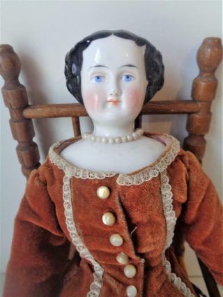 1880s Antique German China Head Doll 15 " Flat Top High Brow Clothes Wood Chair