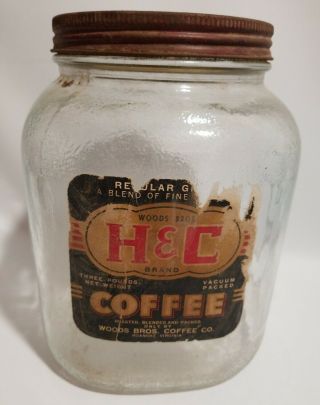 H&c Coffee Jar Lid Embossed Diamond Label 3 Lbs Woods Bros Roanoke Va Glass