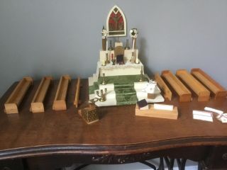 Antique Vintage Doll House Church Furniture Alter Candles Bibles Pews Handmade