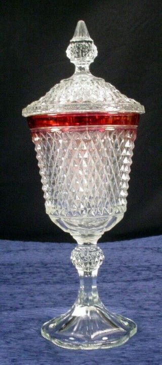Vintage Indiana Glass Ruby Flashed Diamond Point Chalice With Cover Urn Dish