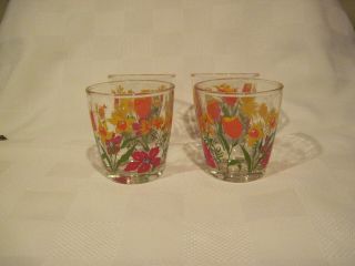 4 Vintage Sour Cream Glasses Tulip Daffodil Wildflowers 1/2 Pint Hazel Atlas