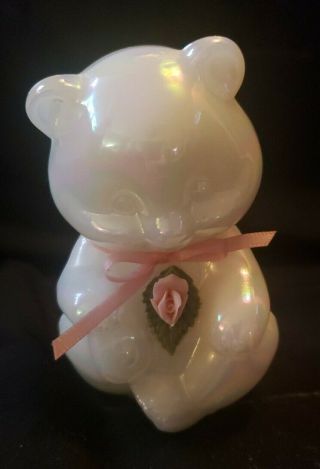 Vintage 3 " Fenton Glass White Opalescent Iridescent Bear Figurine Pink Flower