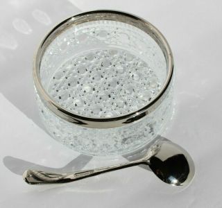Button & Cane Heavy Crystal Serving Bowl Set With Silver Plated Rim And Spoon