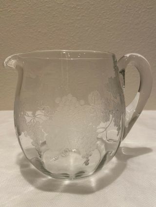 Vintage Clear Glass Water Pitcher With Etched Leaves And Grapes