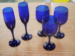 Cobalt Blue Vintage Libbey Glasses Retro 3 Wine Water Goblets & 2 Flutes Euc