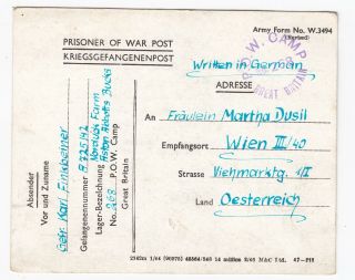 Ww2 German Prisoner Of War Card 1946 Norduck Farm Aston Abbotts Bucks Aylesbury