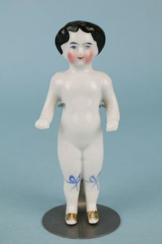 4.  5 " Antique German China Doll Frozen Charlotte Cute Blue Bows