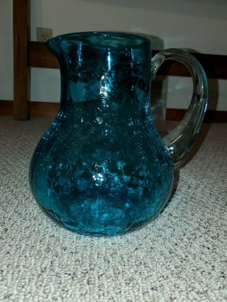 Large Blenko Blue Crackle Glass Pitcher 9.  5in