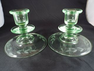 Vintage Depression Vaseline Green Uranium Glass Candle Holders/sticks Wh