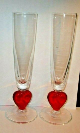Pair Champagne Flutes Glasses With Red Heart Stems 8.  5 "
