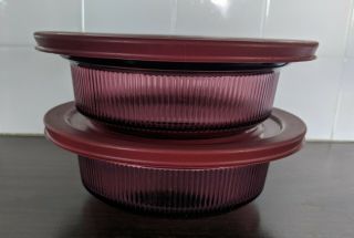 2 Corning Visions Cranberry Ribbed Casserole/bowls V - 30 - B 24 Oz W/lids V - 30 - Pc