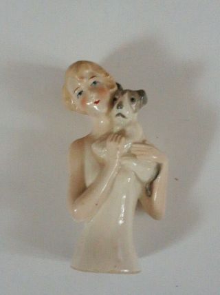 Vintage Fine Porcelain Half Doll Pin Cushion German Signed Dog 7095