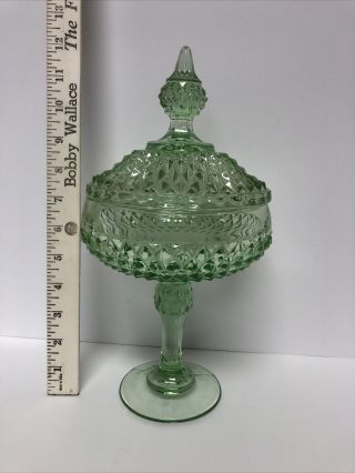 Vintage Indiana Glass Diamond Point Candy Dish Footed Pedestal With Lid,  Green