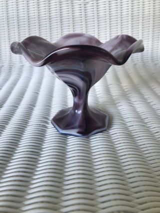 Vintage Imperial Purple White Swirl Slag Glass Ruffled Edge Compote Candy Dish