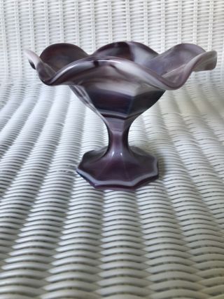 Vintage Imperial Purple White Swirl Slag Glass Ruffled Edge Compote Candy Dish 3