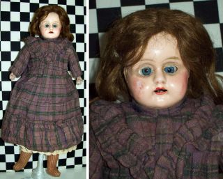 15 " Antique Tin Head Doll Marked Germany 1 Dress Slips Socks Human Hair