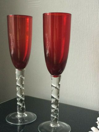 Vtg Champagne Flute Glasses Ruby Red Glassware Clear Bubble Stacked Stem 150ml