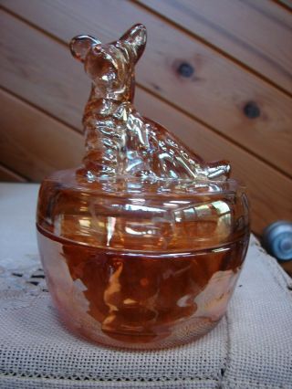 Vintage Jeanette Marigold Carnival Glass Scotty Dog Vanity Powder Jar Dish