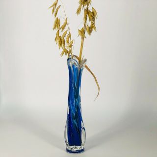Vintage Murano Fluted Glass Bud Vase Blue & Clear 24 Cm Swirl Effect Vgc