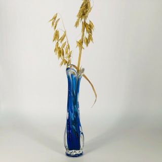 VINTAGE MURANO FLUTED GLASS BUD VASE BLUE & CLEAR 24 CM SWIRL EFFECT VGC 2