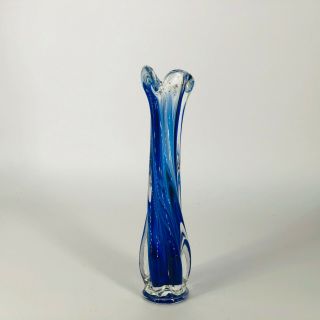 VINTAGE MURANO FLUTED GLASS BUD VASE BLUE & CLEAR 24 CM SWIRL EFFECT VGC 3