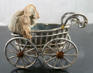 Antique German Soft Metal Baby Carriage Pram Small Scale Dollhouse Miniature